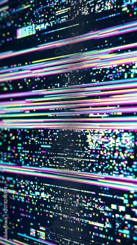Digital glitch screen distortion texture, glowing neon rgb pixel cyberpunk abstract background overlay, vertical