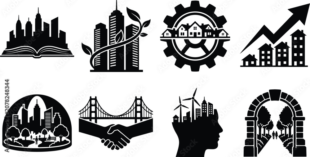 Fototapeta premium Sustainable Urban Infrastructure and Green City Planning Silhouette Icon Set for Architecture and Development