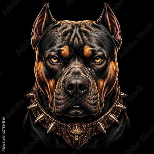 Angry Pitbull Dog Head with Gold Spiked Collar
