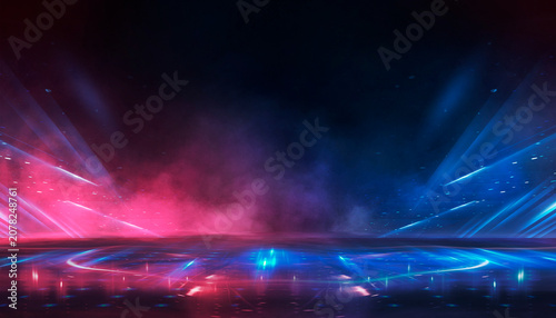 Wet asphalt, reflection of neon lights, a searchlight, smoke. Abstract light in a dark empty street with smoke, smog. Dark background scene of empty street, night view, night city.