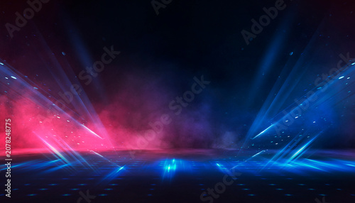 Wet asphalt, reflection of neon lights, a searchlight, smoke. Abstract light in a dark empty street with smoke, smog. Dark background scene of empty street, night view, night city.