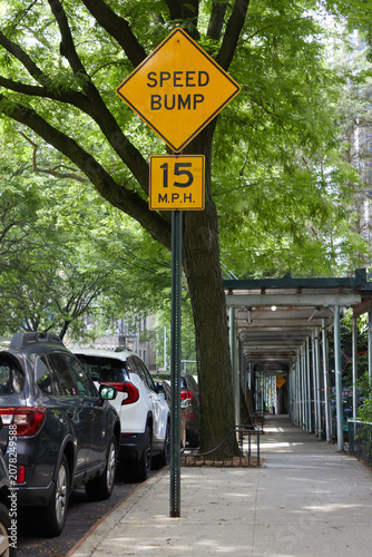 speed bump fifteen mph sign on a quaint tree lined city street with green foliage in background