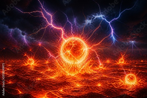 Volcanic fire crackles beneath a storm of electric lightning. Glowing sphere pulses in the center of molten earth. Lightning forks skyward, casting vibrant hues across the scene