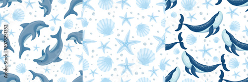 Photography Set of marine seamless patterns with aquatic creatures and mammals: blue whale, dolphin, starfish, seashell