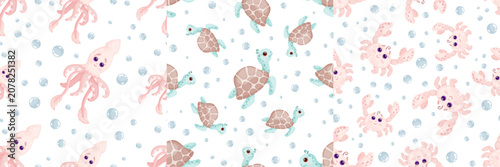 Photography A set of children's seamless patterns with cute cartoon sea characters: turtle, crab, squid, and air bubbles