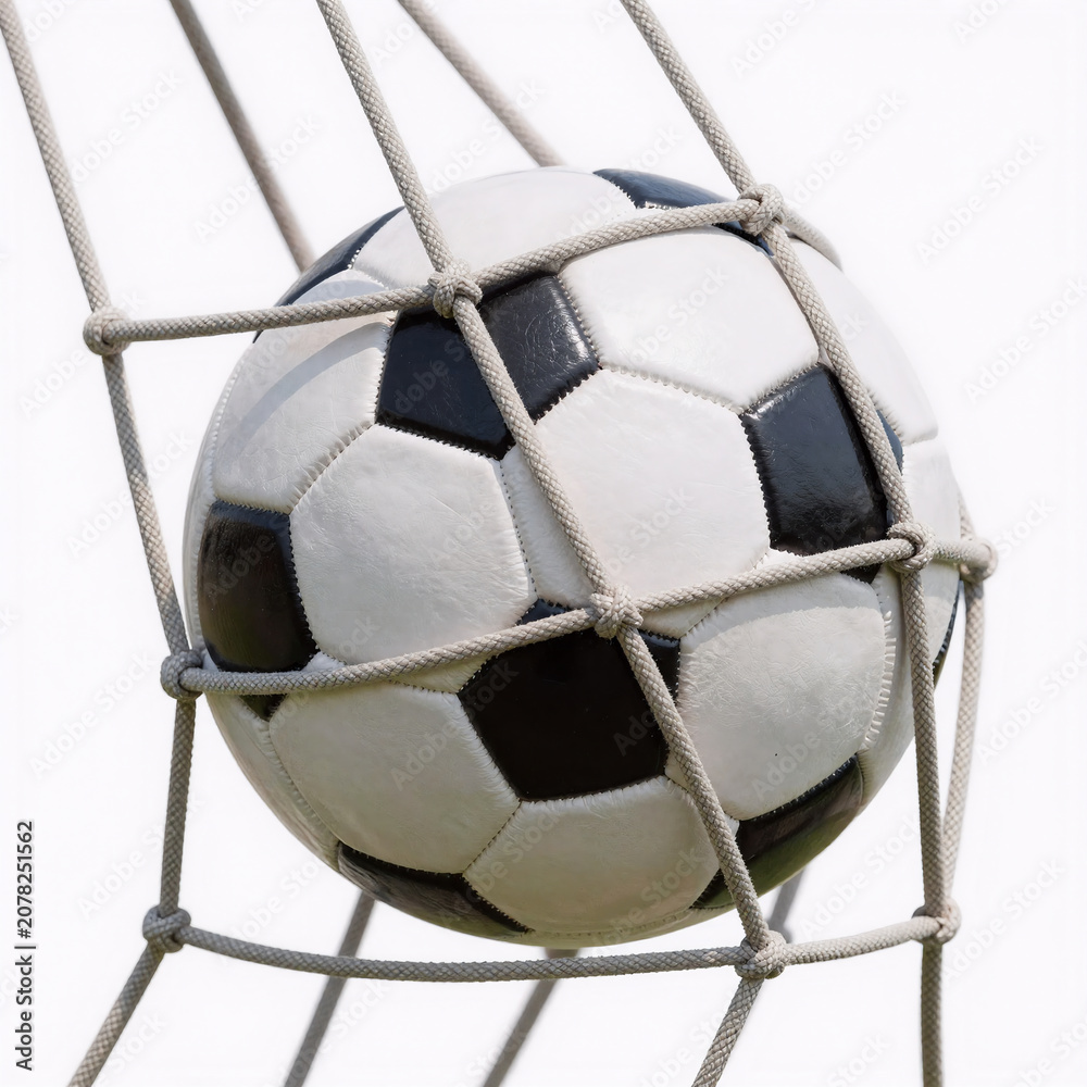 Naklejka premium Indian Miniature Soccer 3D. Realistic 3D Illustration Of A Leather Soccer Ball In Net Against White Background