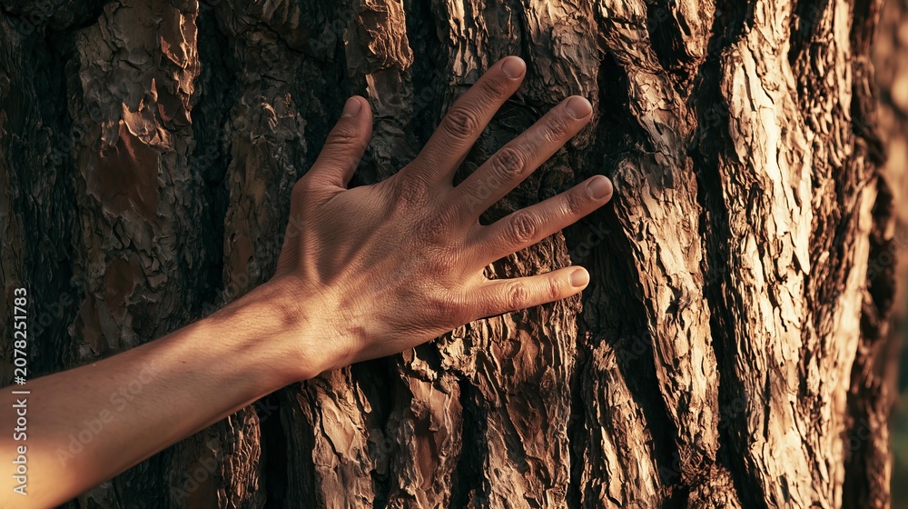 Fototapeta premium A hand rests gently on the textured bark of a tree