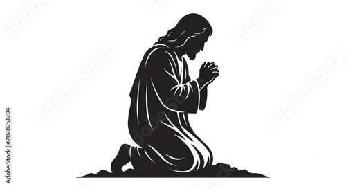 Obraz na płótnie Jesus Christ Kneeling and Praying Silhouette Vector Illustration Isolated on Whi