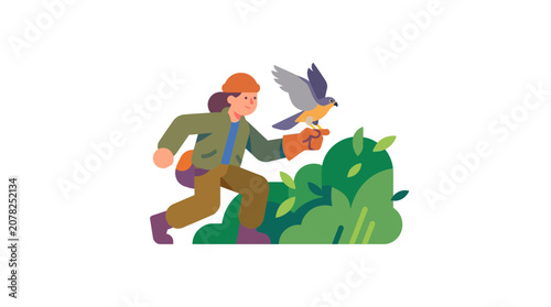 Foto Woman falconer with hawk on glove, outdoors, nature, flat illustration style
