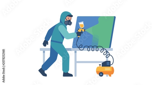 Worker in Hazmat Suit Spray Painting Large Panel with Air Compressor