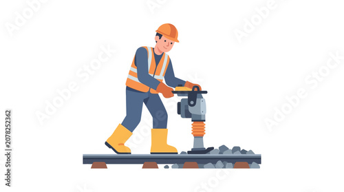 Fotografie Construction worker compacting gravel on railway tracks with a tamper machine