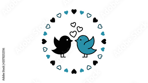 Charming vector icons featuring two cute birds in love surrounded by colorful hearts for romantic themes