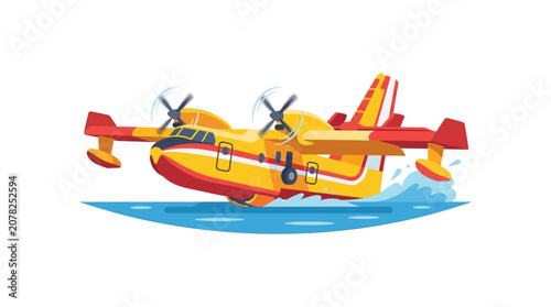 Yellow Firefighting Seaplane Taking Off from Water with Splash