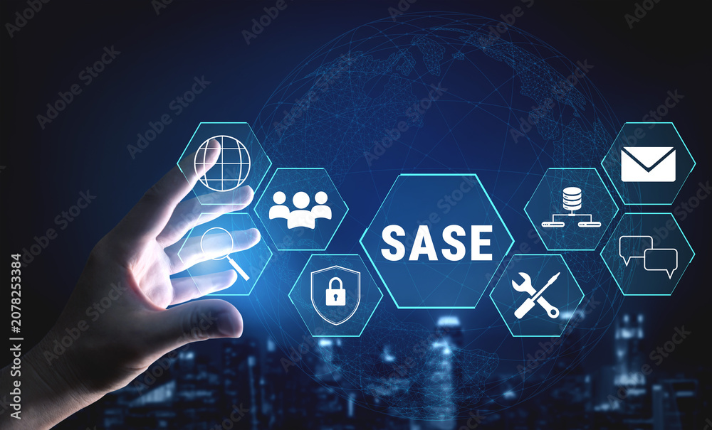 Obraz premium Hand Reaching Toward SASE Concept with Digital Icons Representing Security, Networking, and Communication Over a Global Background. Glyphic.