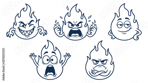 Obraz na plátně Cute flame characters set with different facial emotions.