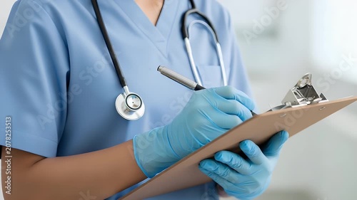 Professional healthcare provider wearing blue scrubs and protective gloves writing medical notes on a wooden clipboard while carrying a stethoscope around their neck in hospital settings.
