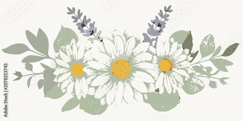 Obraz na płótnie Watercolor daisy arrangement with foliage a floral ornament in muted pastel tone