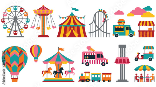 Amusement park flat icons set illustration.
