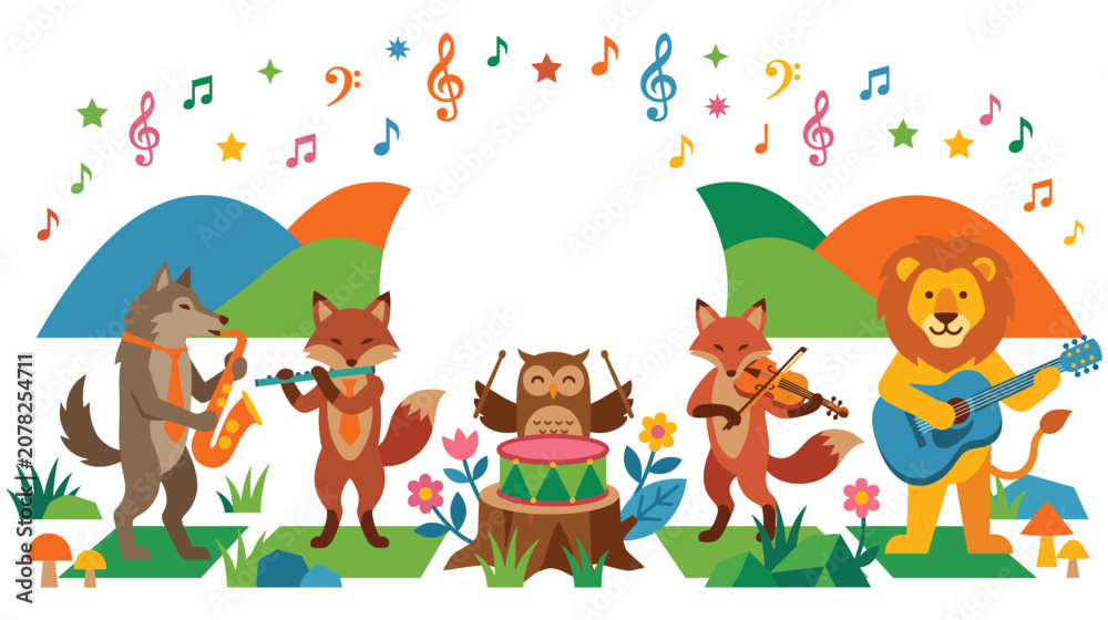 Naklejka premium Forest animals band playing music in mountain scenery.