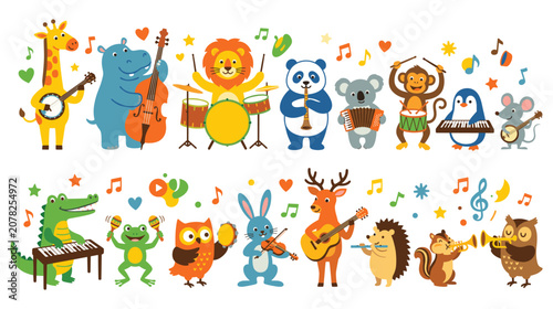 Diverse animals playing musical instruments in joyful performance.