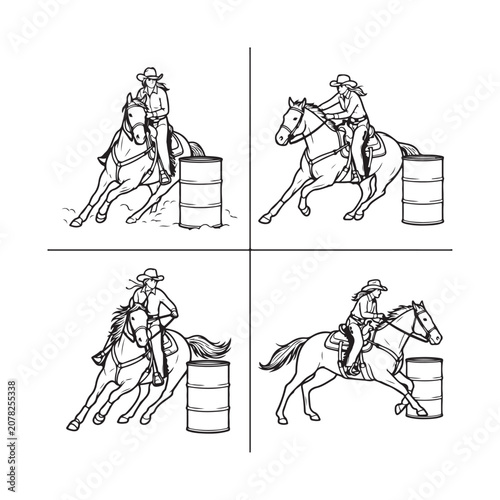 Set of cowgirl riding horse doing barrel racing action in line art style