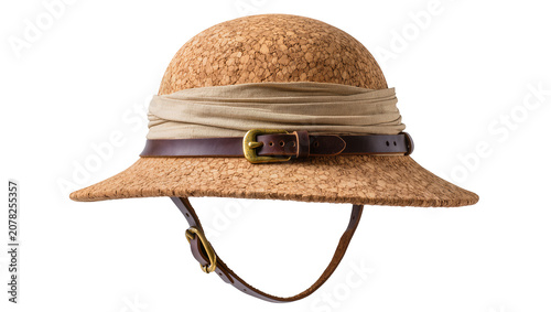 Canvastavla Isolated cork pith helmet with beige fabric band and brown leather strap with br