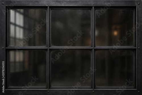 Dark window frame with six panes. Rustic metal bars frame each glass section. Dense shadows suggest an abandoned or industrial setting. Faint light filters through the left pane