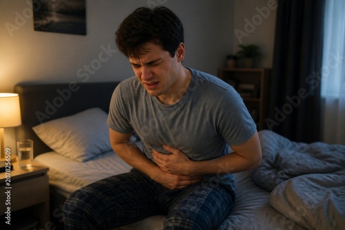 Man sits on bed, clutching stomach. He looks in pain, eyes closed, face tense. Dim room has lamp, curtains, and nightstand. Image conveys discomfort, possibly illness or stress
