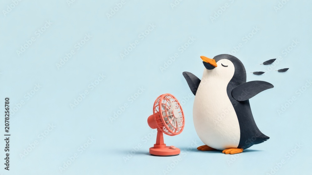 Obraz premium Relaxed Penguin in Front of a Small Fan