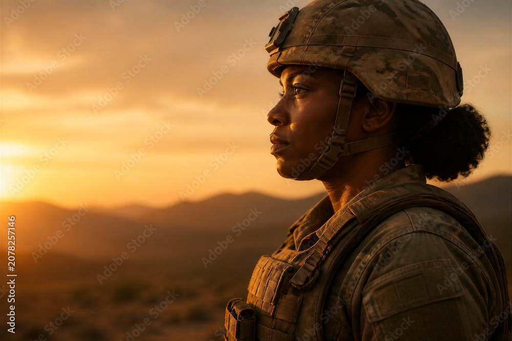 Fototapeta premium Sunset bathes desert landscape in golden hues. Soldier stands alert, gazing forward with quiet resolve. Mountains stretch behind in soft, silhouetted layers. Warm light glows low on horizon