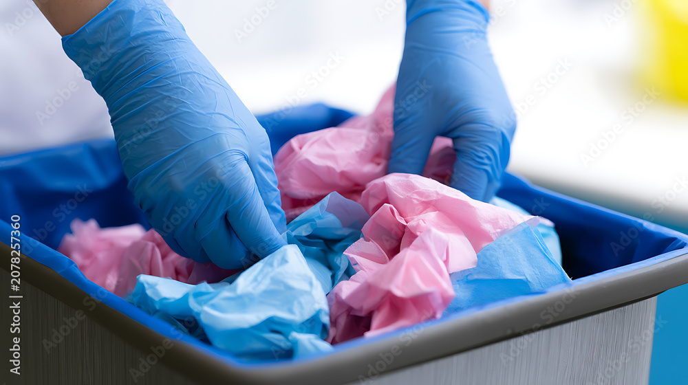 Fototapeta premium Medical Professional Hands in Blue Gloves Dispose Used Blue and Pink Disposable Gloves into Waste Bin with Bright White Background