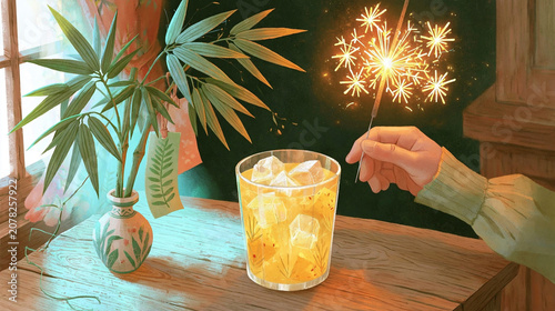 Sparkler Celebration with Tropical Drink and Bamboo Plant Indoors