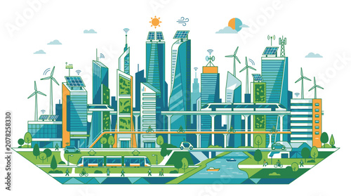 Sustainable City Skyline with Wind Turbines.
