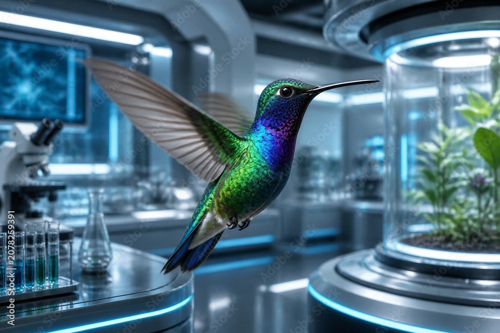 Naklejka premium Vibrant hummingbird hovers near lab glassware. Its feathers glow with iridescent blues and greens. The futuristic lab hums with cool, blue lighting