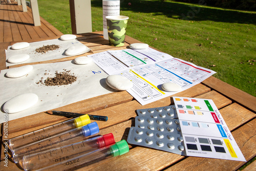 Testing soil for Nitrogen, Phosphorus, Potassum and PH Levels with a soil test kit in Autumn, New Zealand