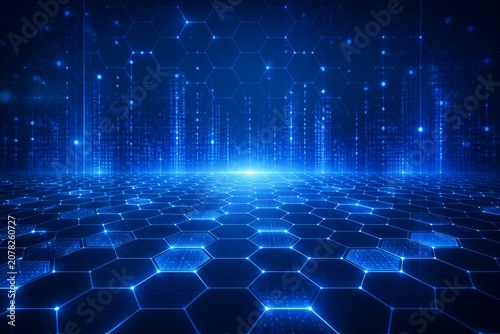 Deep blue hexagons glow beneath vertical data streams. Luminous lines pulse with energy, forming a futuristic digital floor. Bright core illuminates the scene, drawing the eye forward