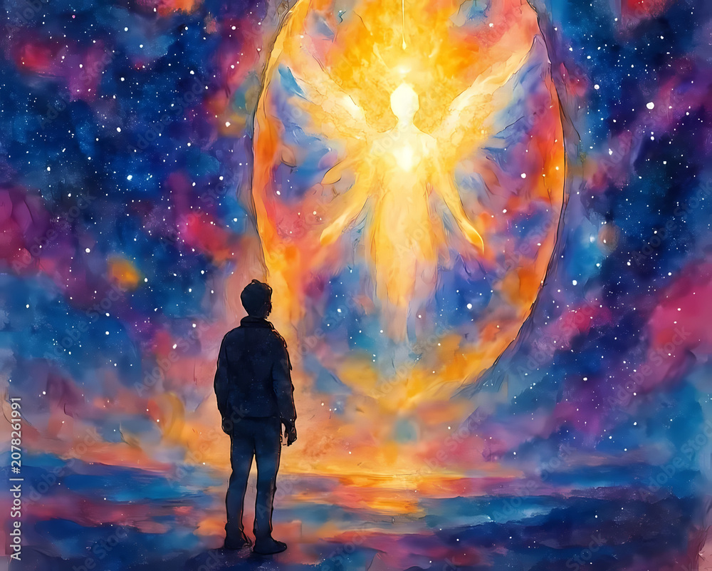Fototapeta premium Divine Cosmic Encounter Concept Silhouette of a Person Gazing at a Glowing Winged Angel Entity in a Galaxy Portal