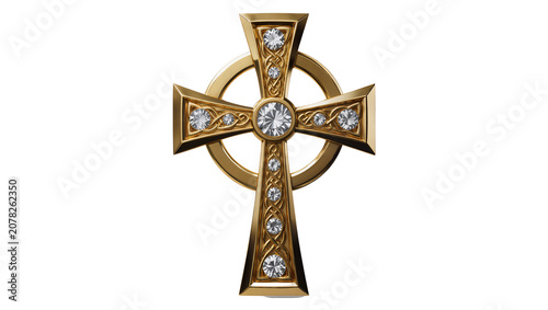 Cuadro en lienzo Isolated golden ornate Celtic cross with sparkling diamonds, elegant Christian s