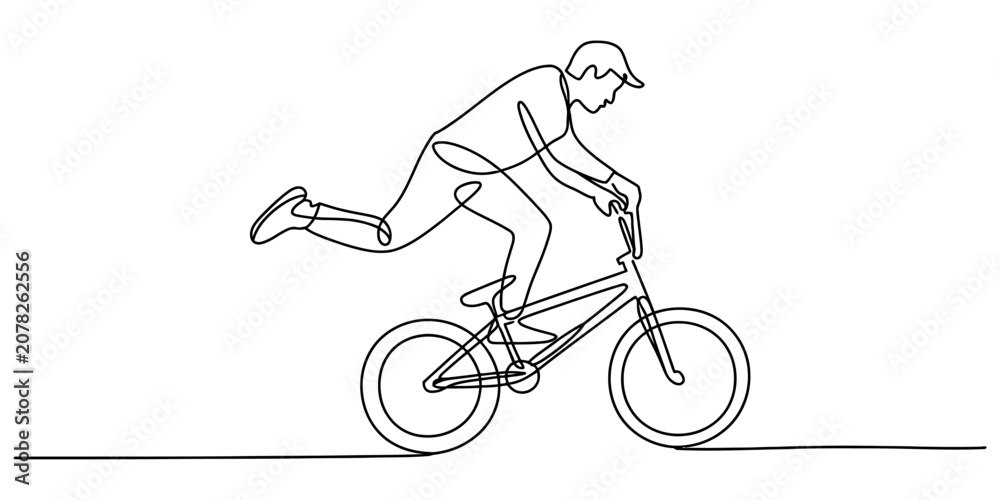 Obraz premium A continuous single line drawing of a young man riding his bmx bike performing a trick with action and energy in motion Vector, illustration