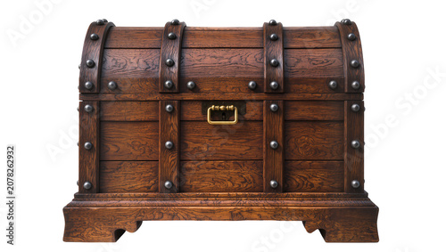 Bild auf Leinwand Isolated antique wooden treasure chest with metal studs and brass handle, front