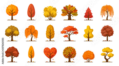 Collection of 16 colorful autumn tree illustrations in various shapes and sizes on a white background.