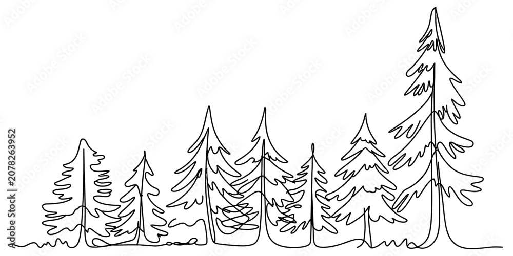 Obraz premium Continuous single line drawing of a small forest with many pine trees and evergreen spruces in a minimalist style Vector, illustration