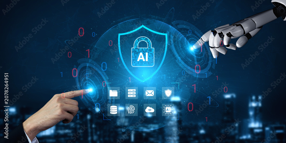 Fototapeta premium A striking visual of a human hand and a robotic hand reaching out, symbolizing the synergy between artificial intelligence and data security in a modern, digital landscape. Cyphers