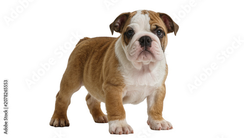 Foto Isolated adorable purebred English Bulldog puppy standing and looking curious at