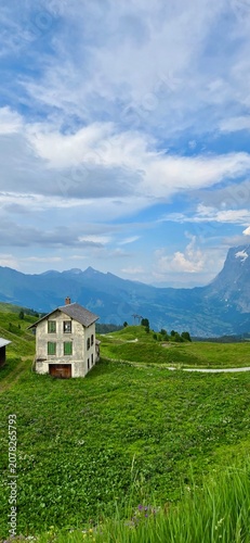A vertical view of a traditional stone and wood alpine cottage standing lonely on a lush green grassy hill, surrounded by majestic mountain ridges under a blue sky with fluffy white clouds.