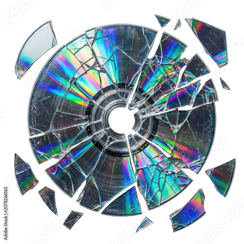 Broken C D with colorful cracks and reflections isolated on a transparent background
