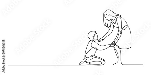 Tableau sur toile Continuous single line drawing of a man kneeling in front of a woman proposing m