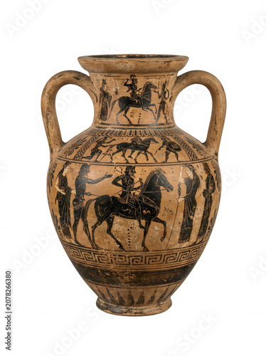 Ancient Greek amphora with black figures on terracotta isolated on a transparent background