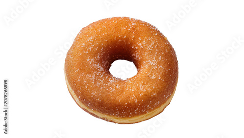 Isolated delicious sweet golden brown sugar donut with a hole, tasty baked dessert snack