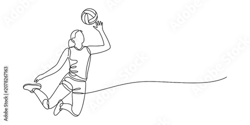 Continuous single line drawing of a female volleyball player jumping to hit the ball in a dynamic sports action pose Vector, illustration